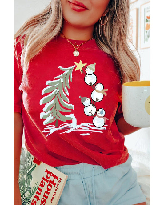 Red Christmas Tree Snowman Printed Crewneck T Shirt - XL