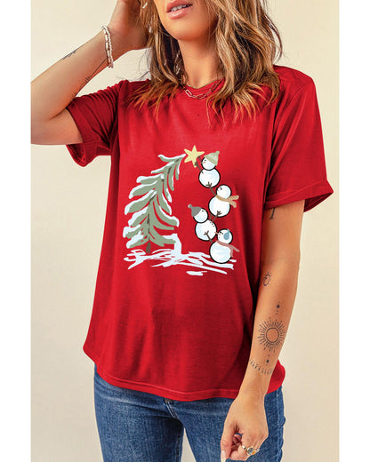 Red Christmas Tree Snowman Printed Crewneck T Shirt - XL