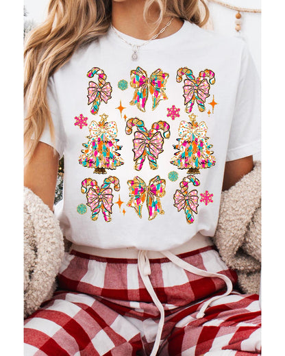 White Christmas Tree Bow Knot Print Round Neck T Shirt - XL