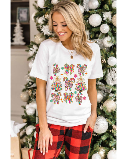 White Christmas Tree Bow Knot Print Round Neck T Shirt - XL