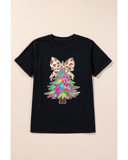 Black Heat Transfer Printing Christmas Tree Bowknot T-Shirt - L