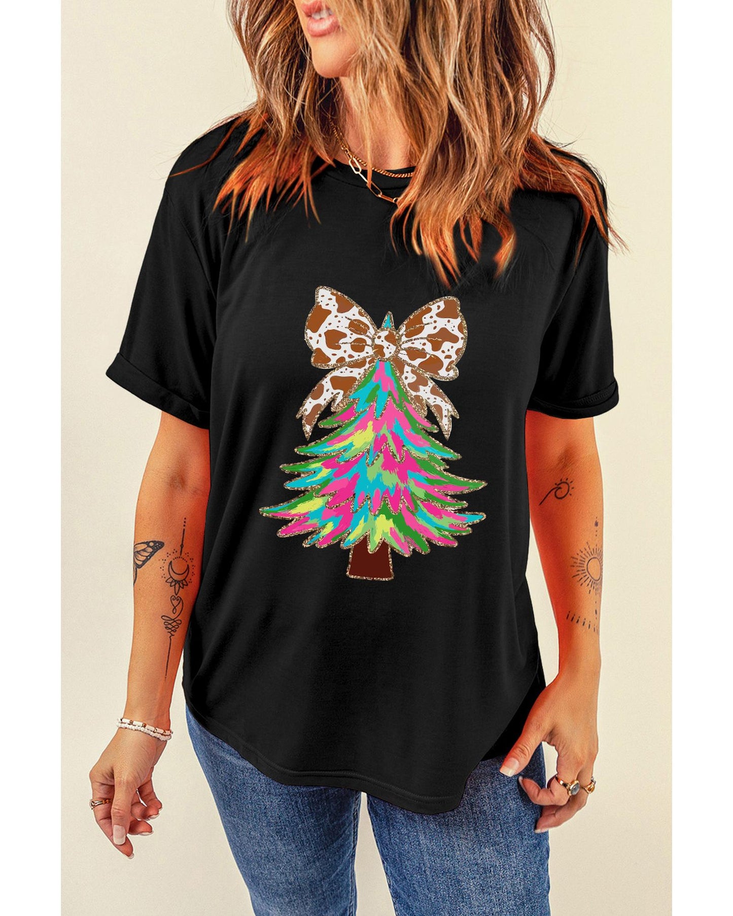 Black Heat Transfer Printing Christmas Tree Bowknot T-Shirt - L