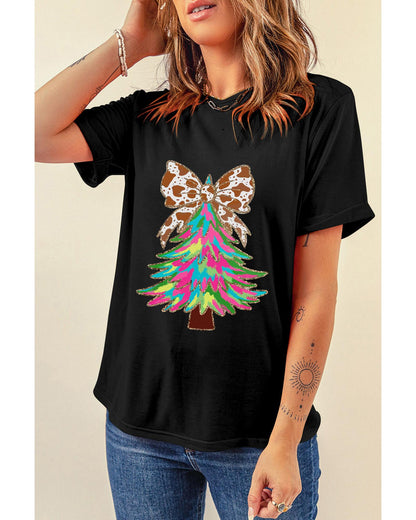 Black Heat Transfer Printing Christmas Tree Bowknot T-Shirt - L