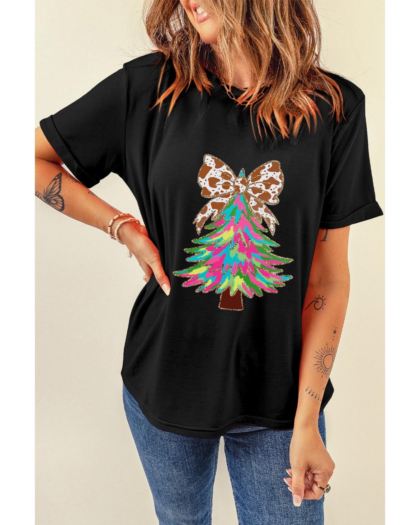 Black Heat Transfer Printing Christmas Tree Bowknot T-Shirt - L