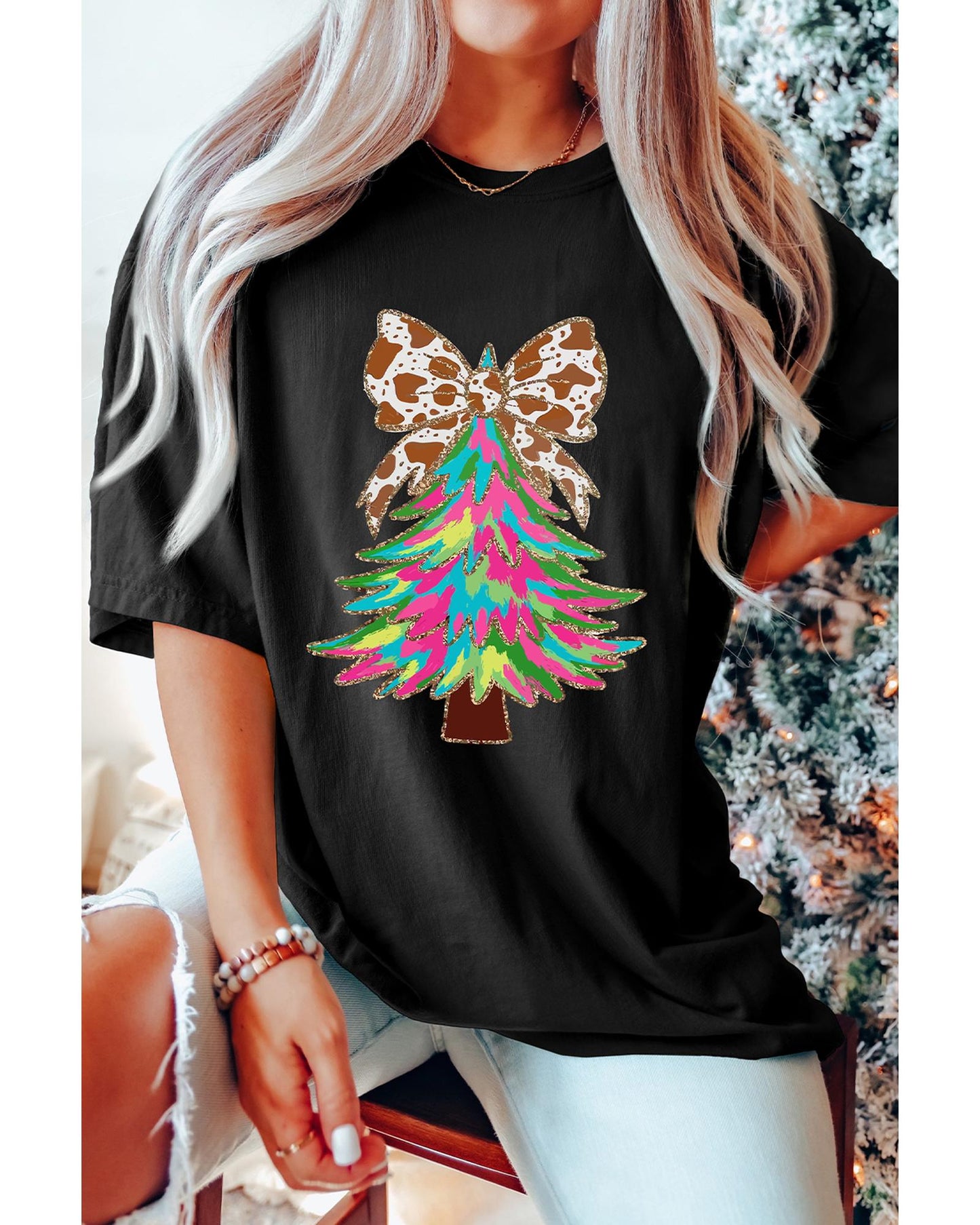 Black Heat Transfer Printing Christmas Tree Bowknot T-Shirt - L