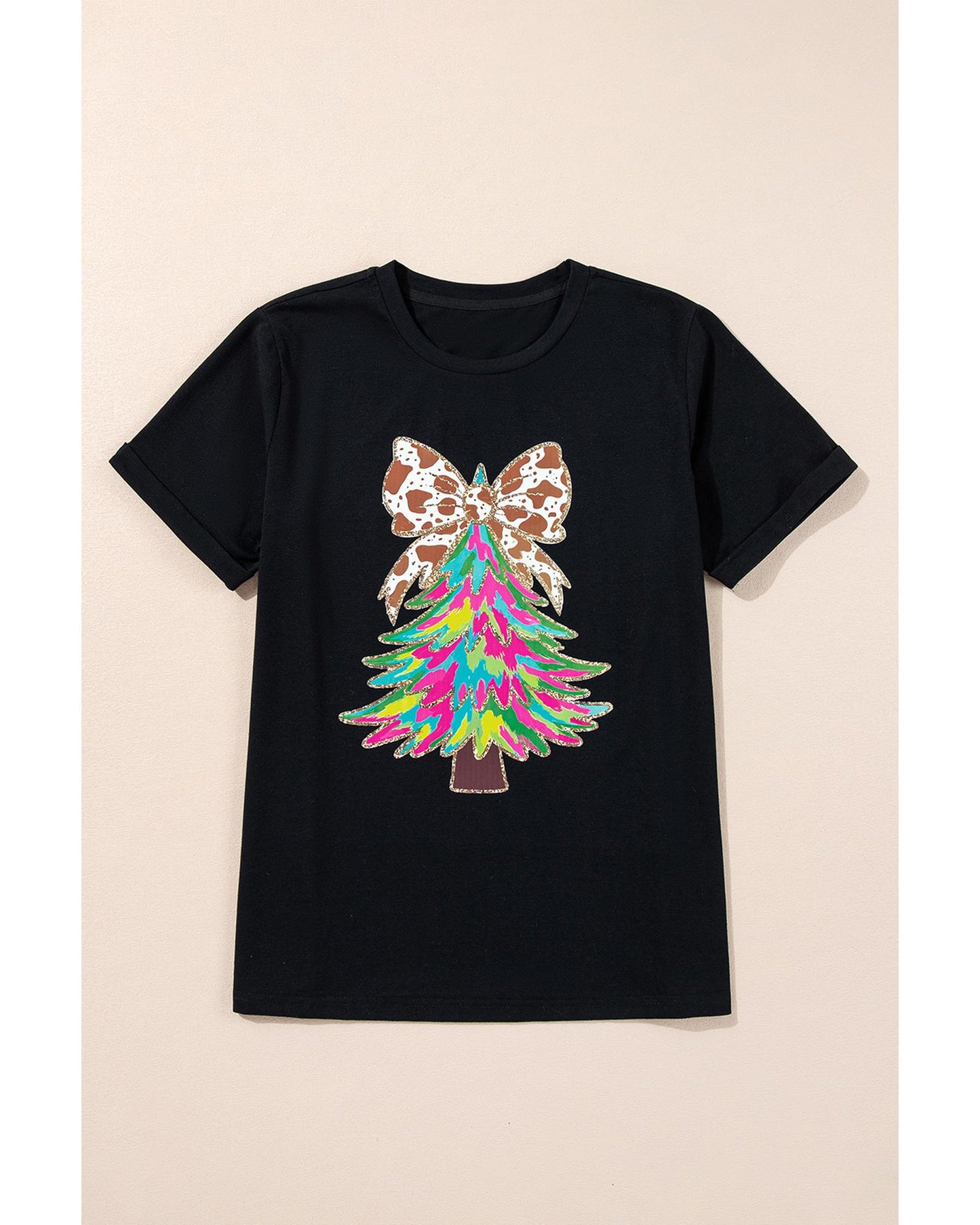 Black Heat Transfer Printing Christmas Tree Bowknot T-Shirt - M