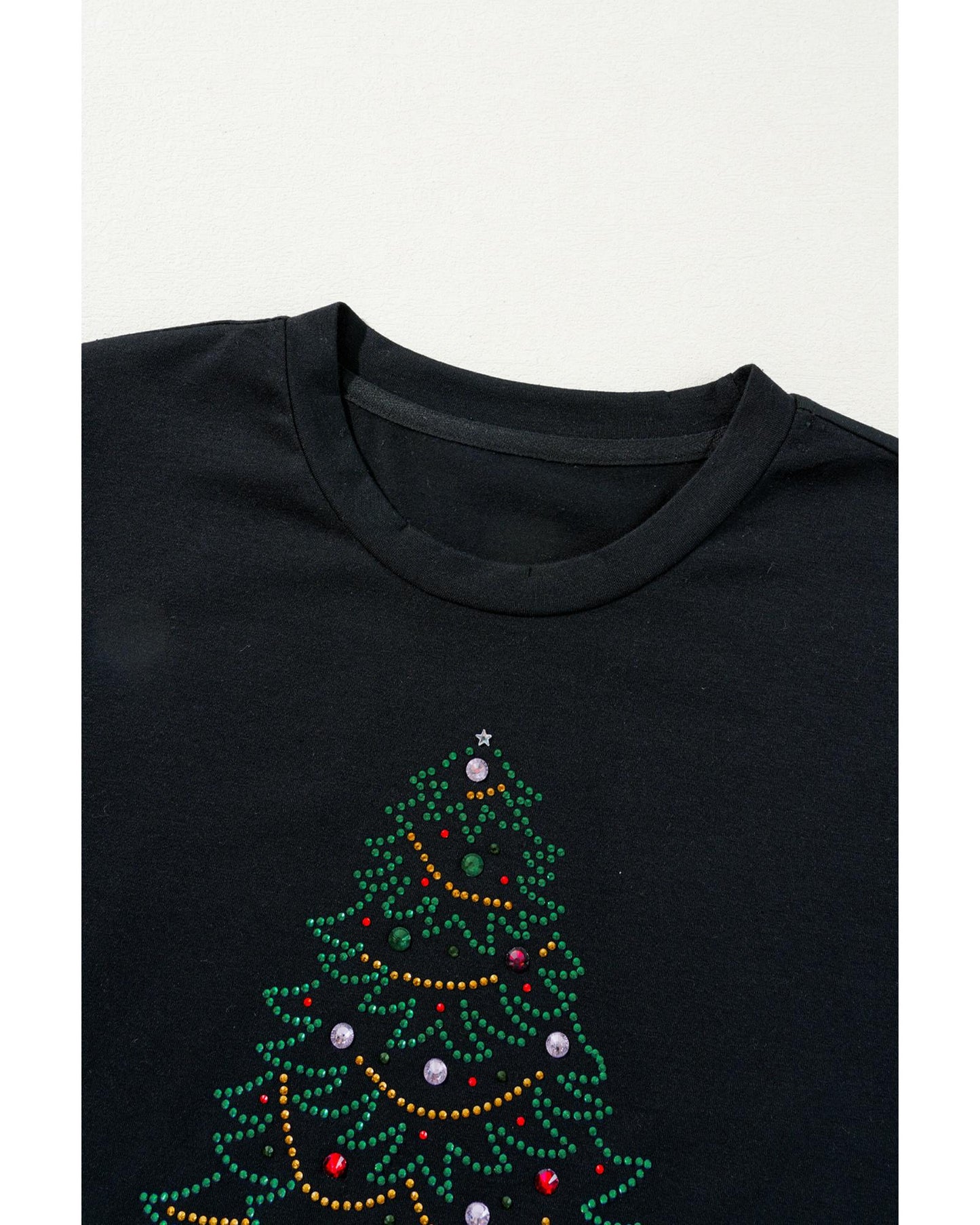 Black Rhinestone Christmas Tree Round Neck Graphic Tee - S