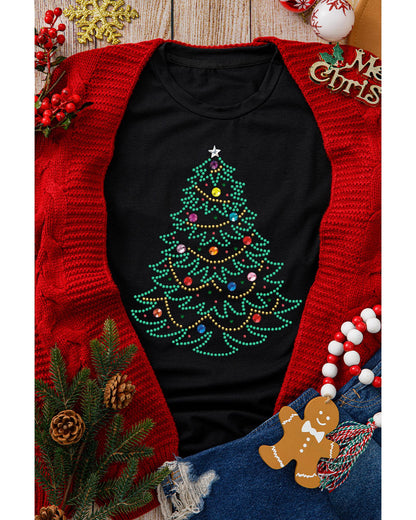 Black Rhinestone Christmas Tree Round Neck Graphic Tee - S