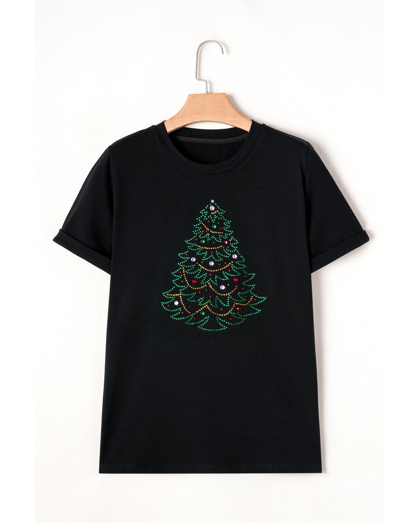 Black Rhinestone Christmas Tree Round Neck Graphic Tee - S