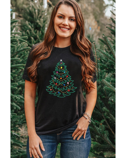 Black Rhinestone Christmas Tree Round Neck Graphic Tee - S