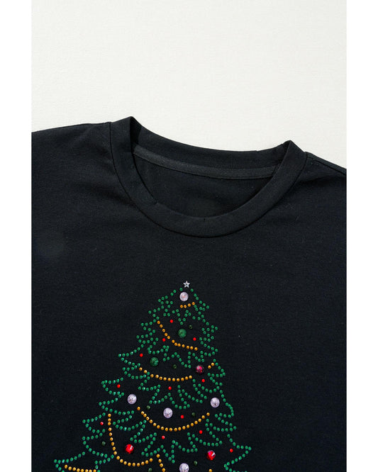 Black Rhinestone Christmas Tree Round Neck Graphic Tee - XL