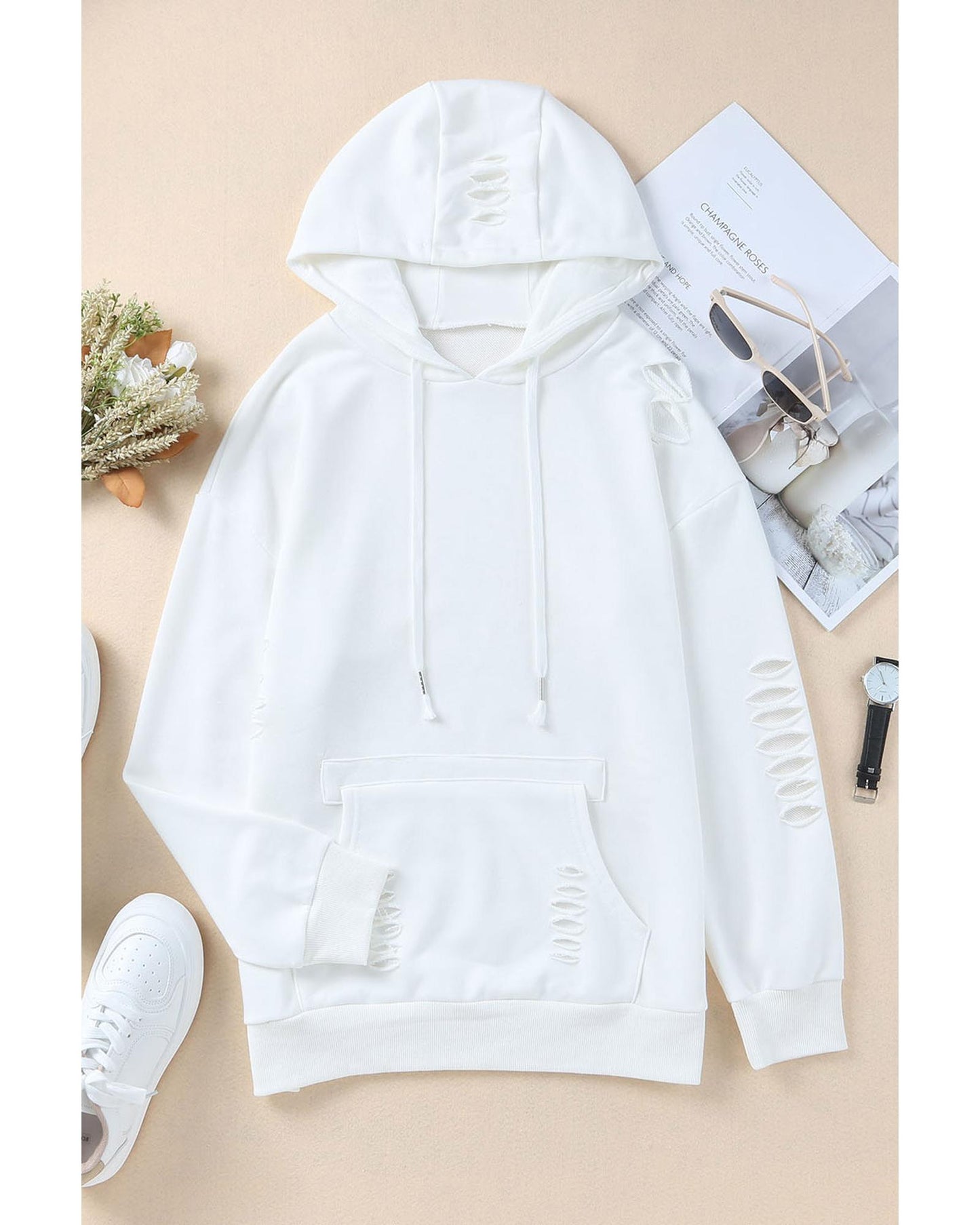 Azura Exchange Ripped Hooded Sweatshirt with Kangaroo Pocket - 2XL