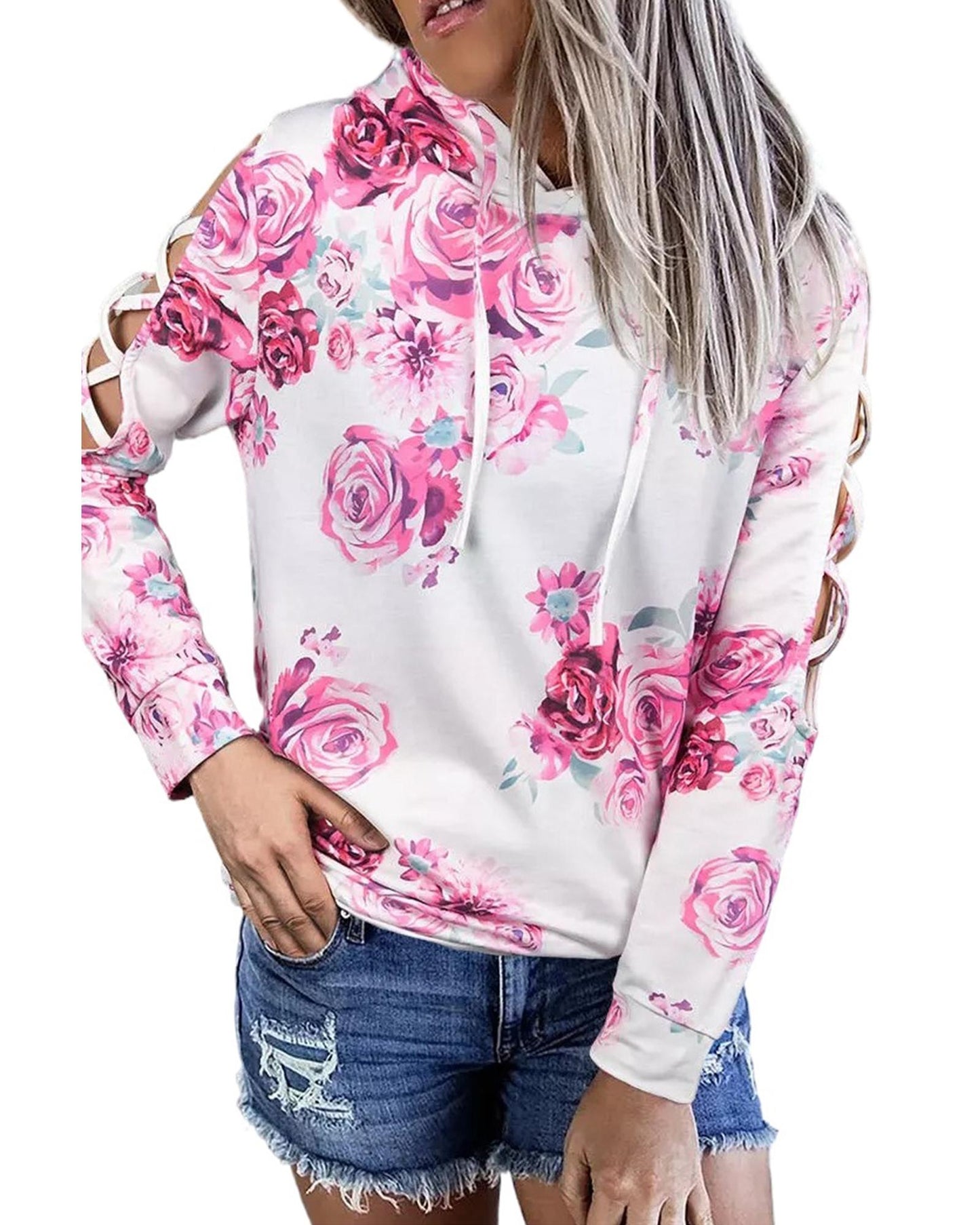 Azura Exchange Floral Print Cold Shoulder Hoodie - XL