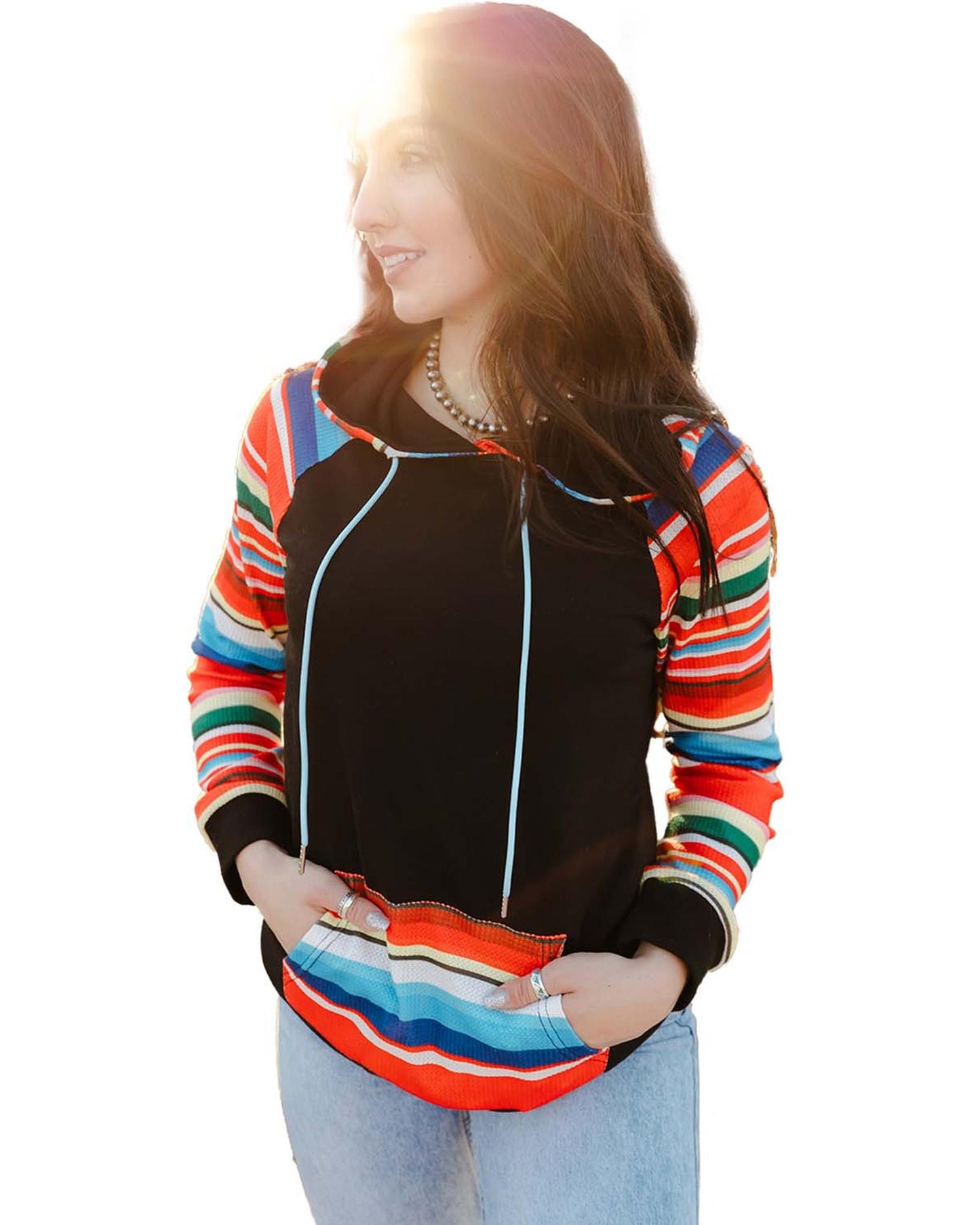 Azura Exchange Striped Patchwork Kangaroo Pocket Hoodie - M