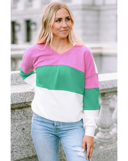 Azura Exchange Color Block Ribbed V-Neck Sweatshirt - M