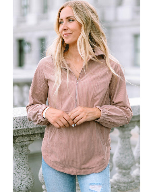 Azura Exchange Half Zip Ribbed Texture Collared Sweatshirt - S