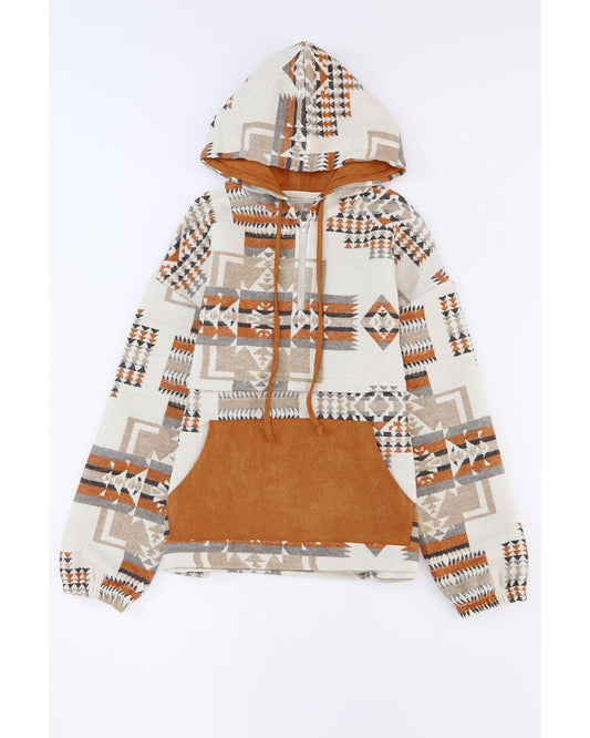 Azura Exchange Beige Aztec Print Half-Zip Hoodie with Kangaroo Pocket - M