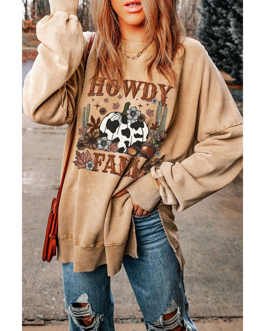 Azura Exchange Howdy Fall Pumpkin Print Split Hem Sweatshirt - L