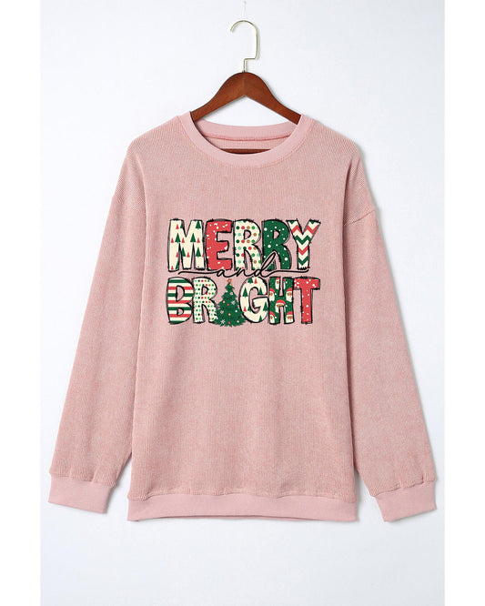 Pink MERRY and BRIGHT Christmas Tree Print Ribbed Sweatshirt - S