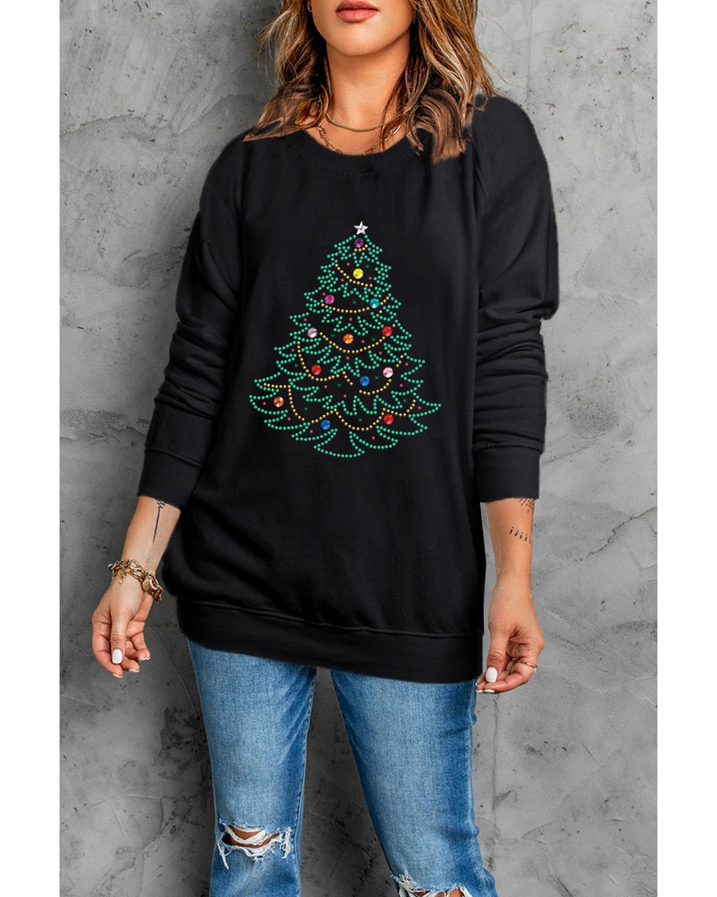 Black Rhinestone Christmas Tree Graphic Pullover Sweatshirt - M