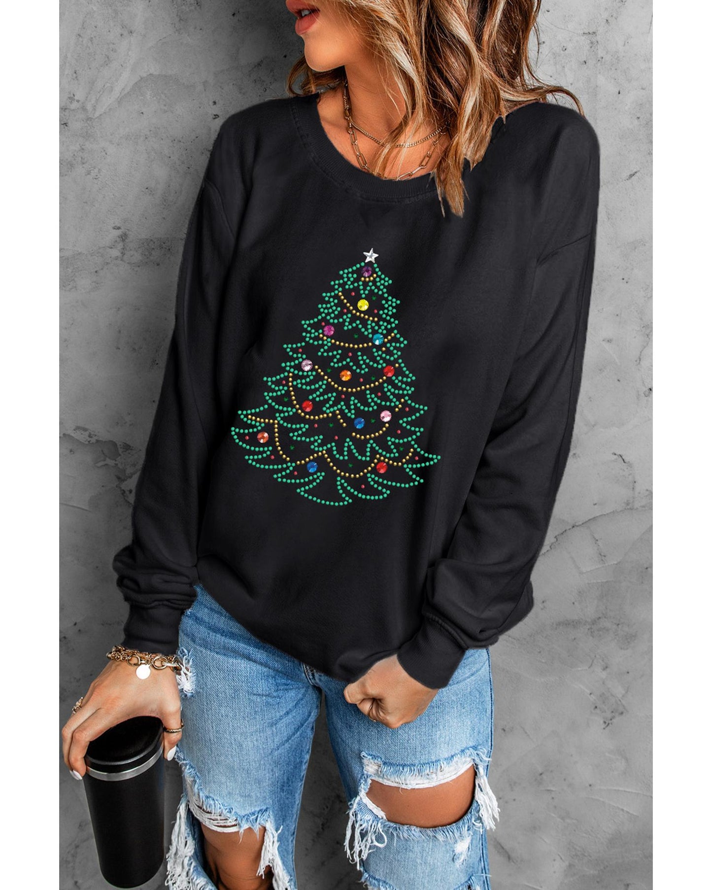 Black Rhinestone Christmas Tree Graphic Pullover Sweatshirt - M