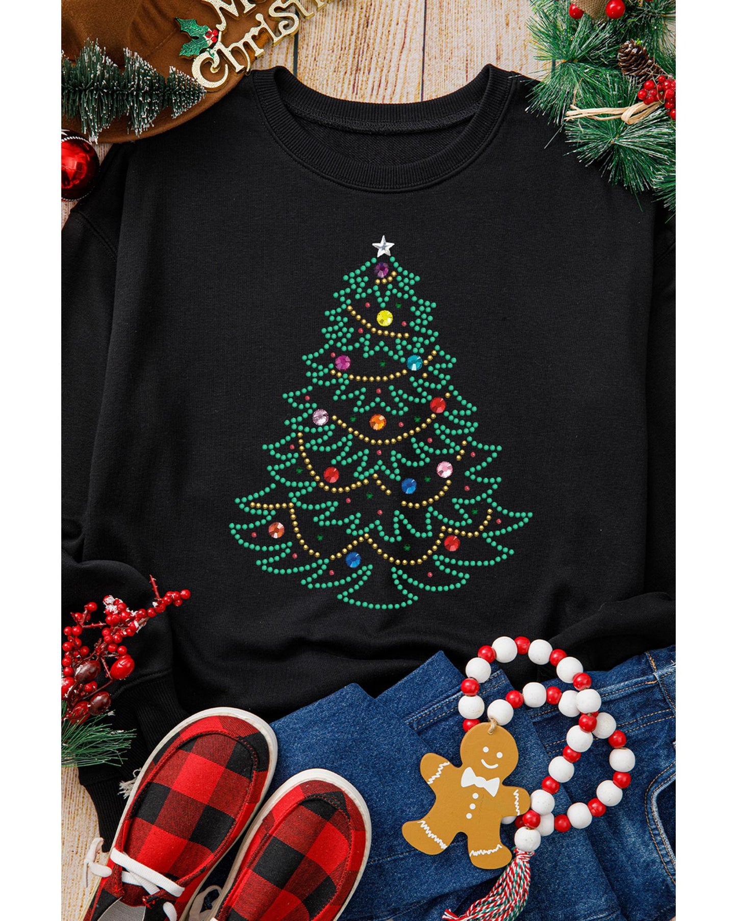 Black Rhinestone Christmas Tree Graphic Pullover Sweatshirt - M