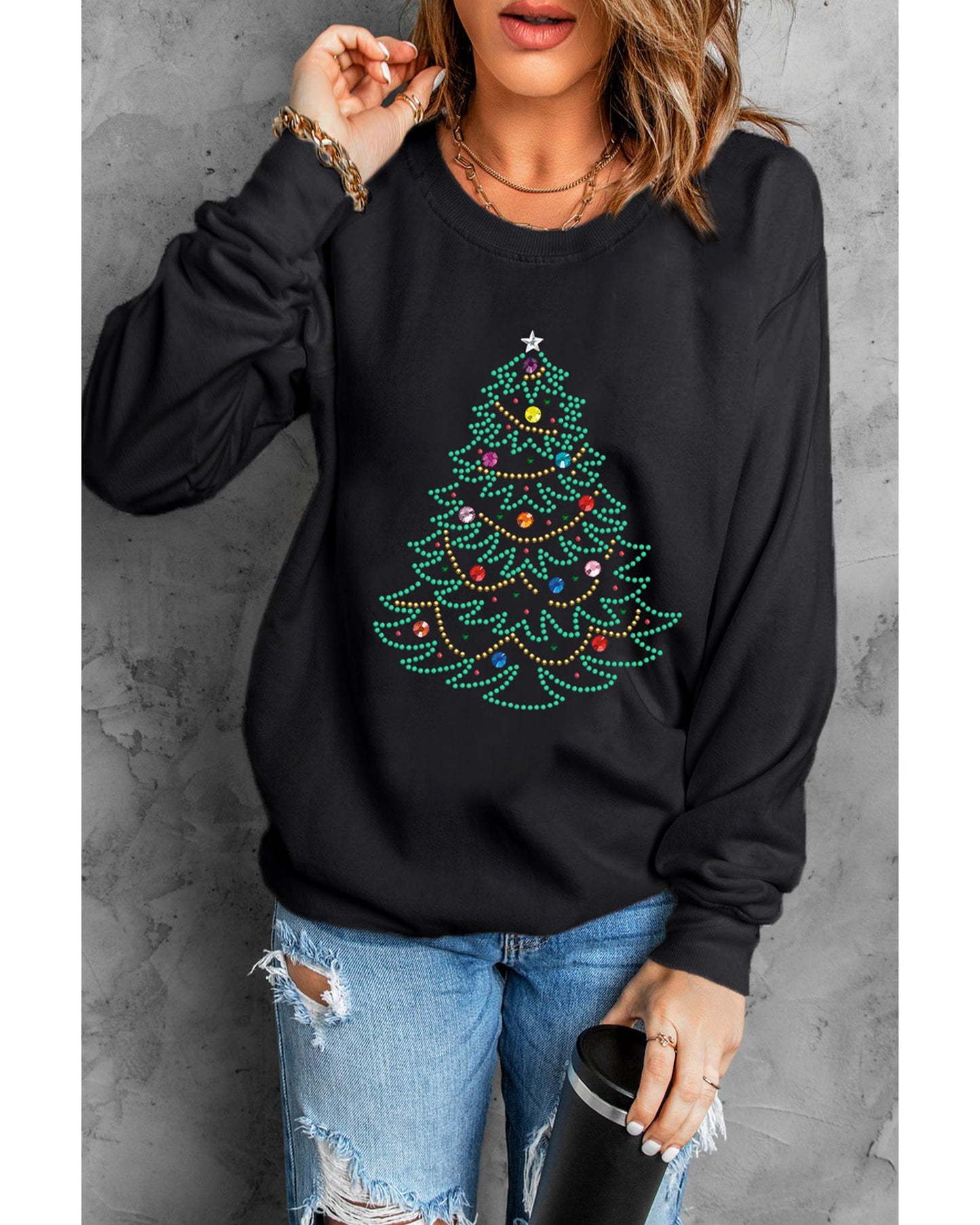 Black Rhinestone Christmas Tree Graphic Pullover Sweatshirt - M