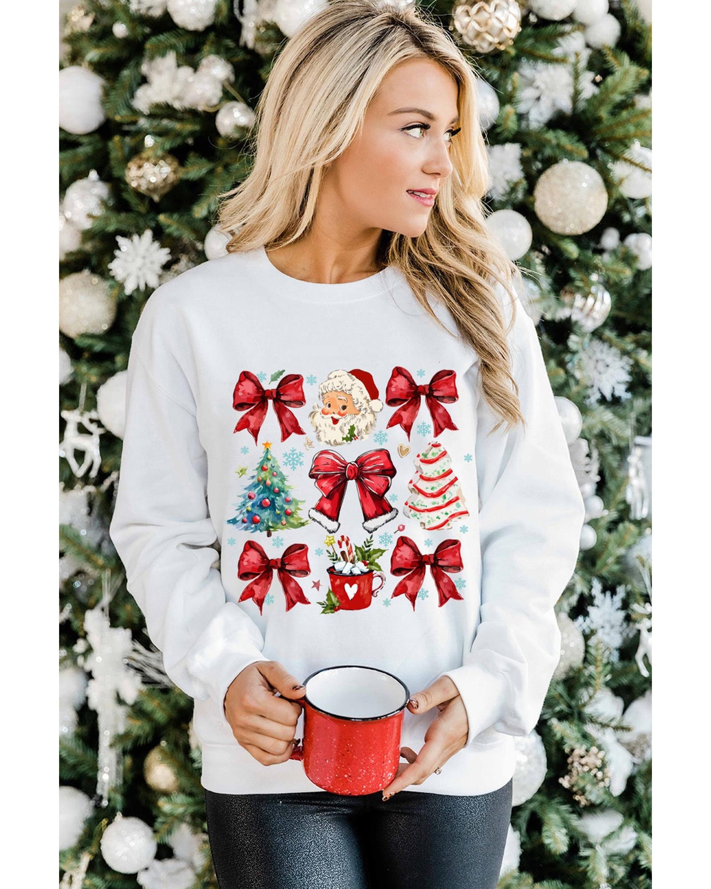 Beige Christmas Tree Bowknot Santa Clause Graphic Holiday Sweatshirt - M