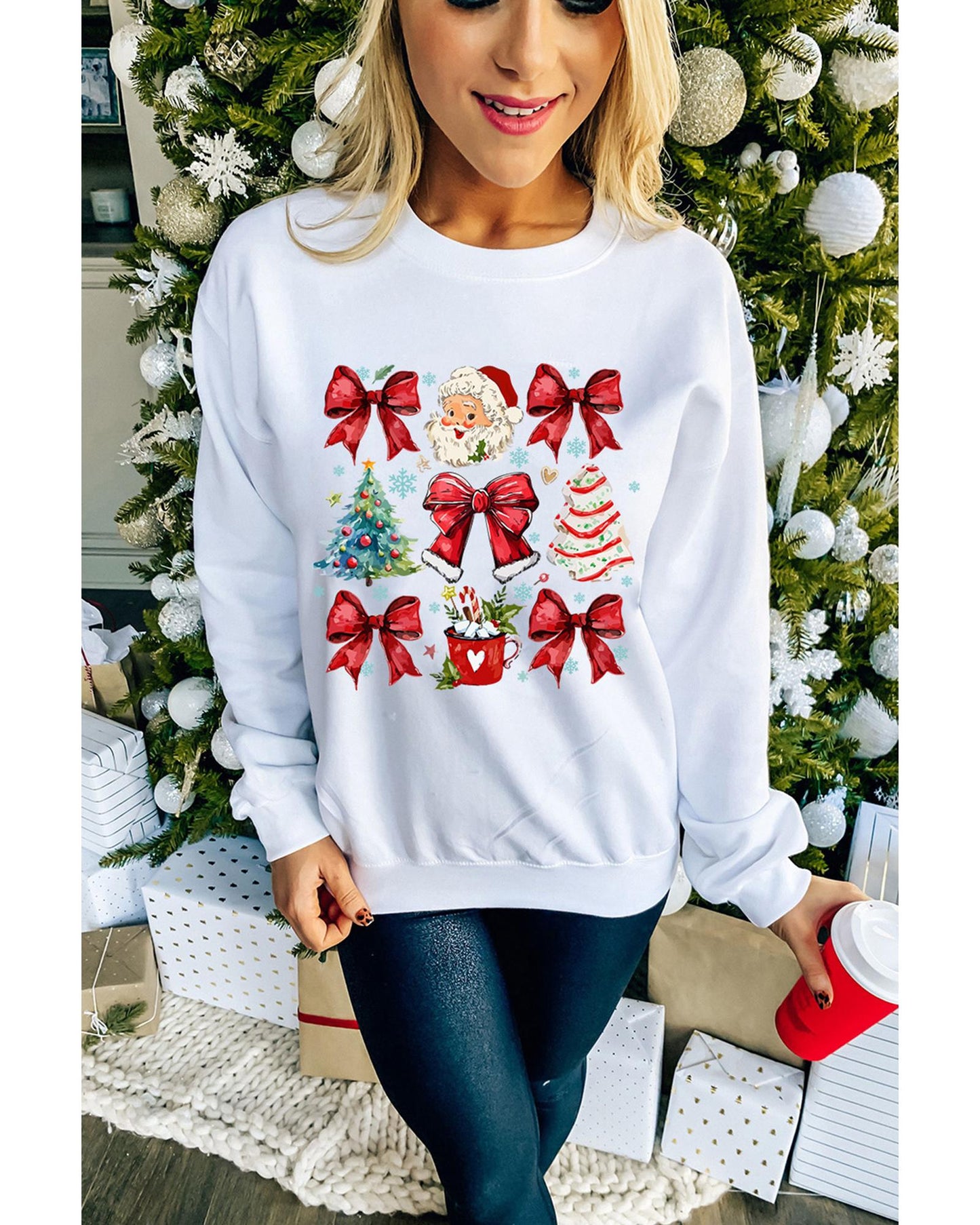 Beige Christmas Tree Bowknot Santa Clause Graphic Holiday Sweatshirt - S