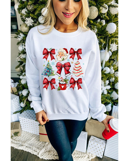 Beige Christmas Tree Bowknot Santa Clause Graphic Holiday Sweatshirt - S
