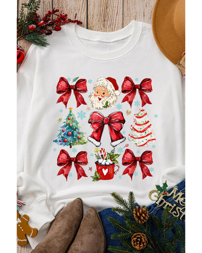 Beige Christmas Tree Bowknot Santa Clause Graphic Holiday Sweatshirt - S