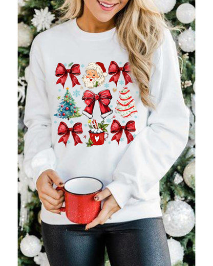 Beige Christmas Tree Bowknot Santa Clause Graphic Holiday Sweatshirt - S