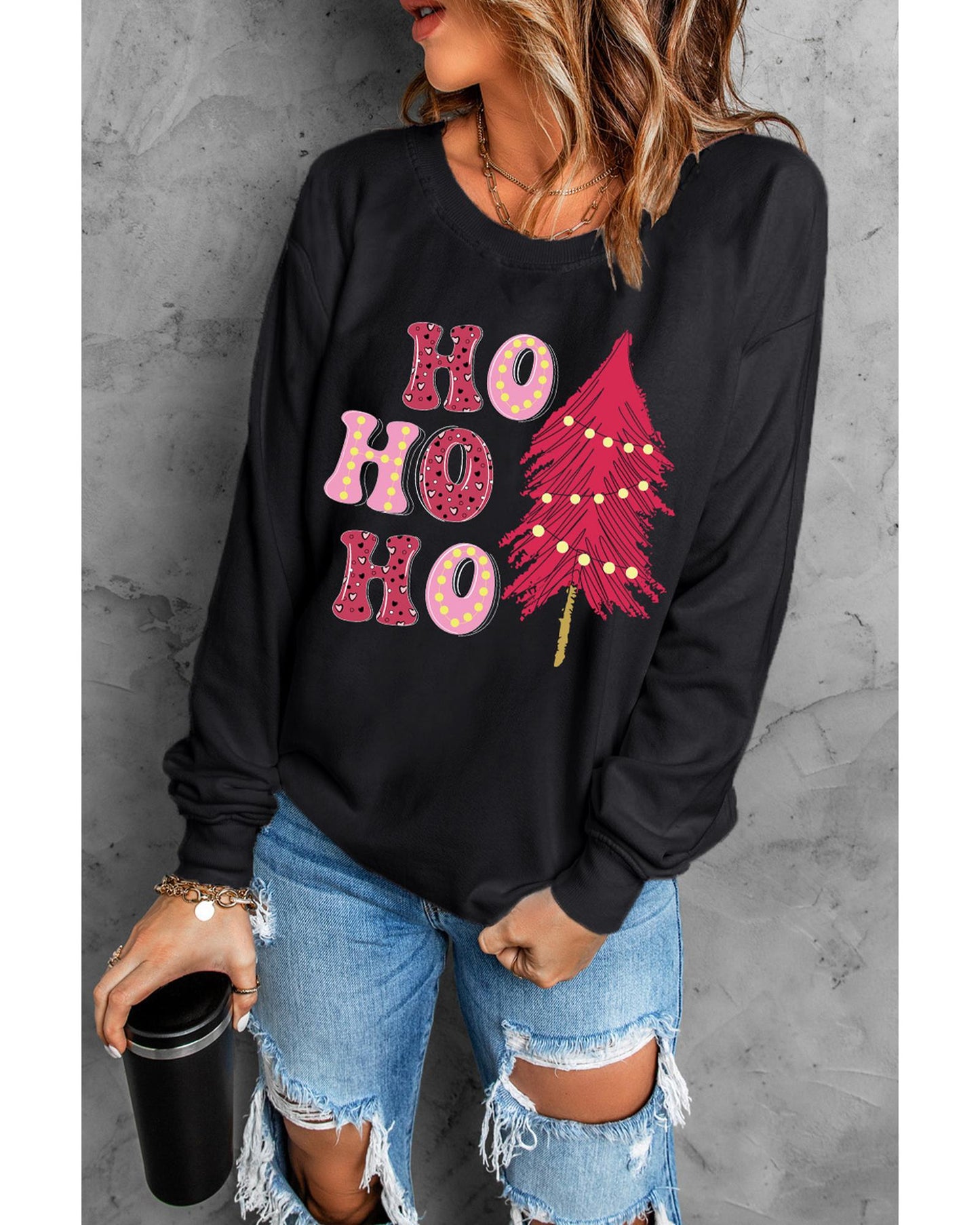 Black HO HO HO Christmas Tree Graphic Pullover Sweatshirt - L
