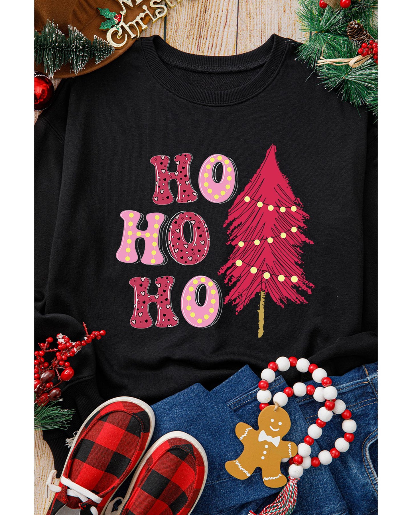 Black HO HO HO Christmas Tree Graphic Pullover Sweatshirt - S