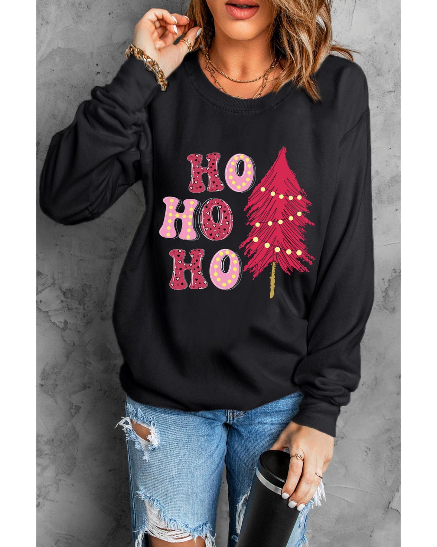 Black HO HO HO Christmas Tree Graphic Pullover Sweatshirt - S