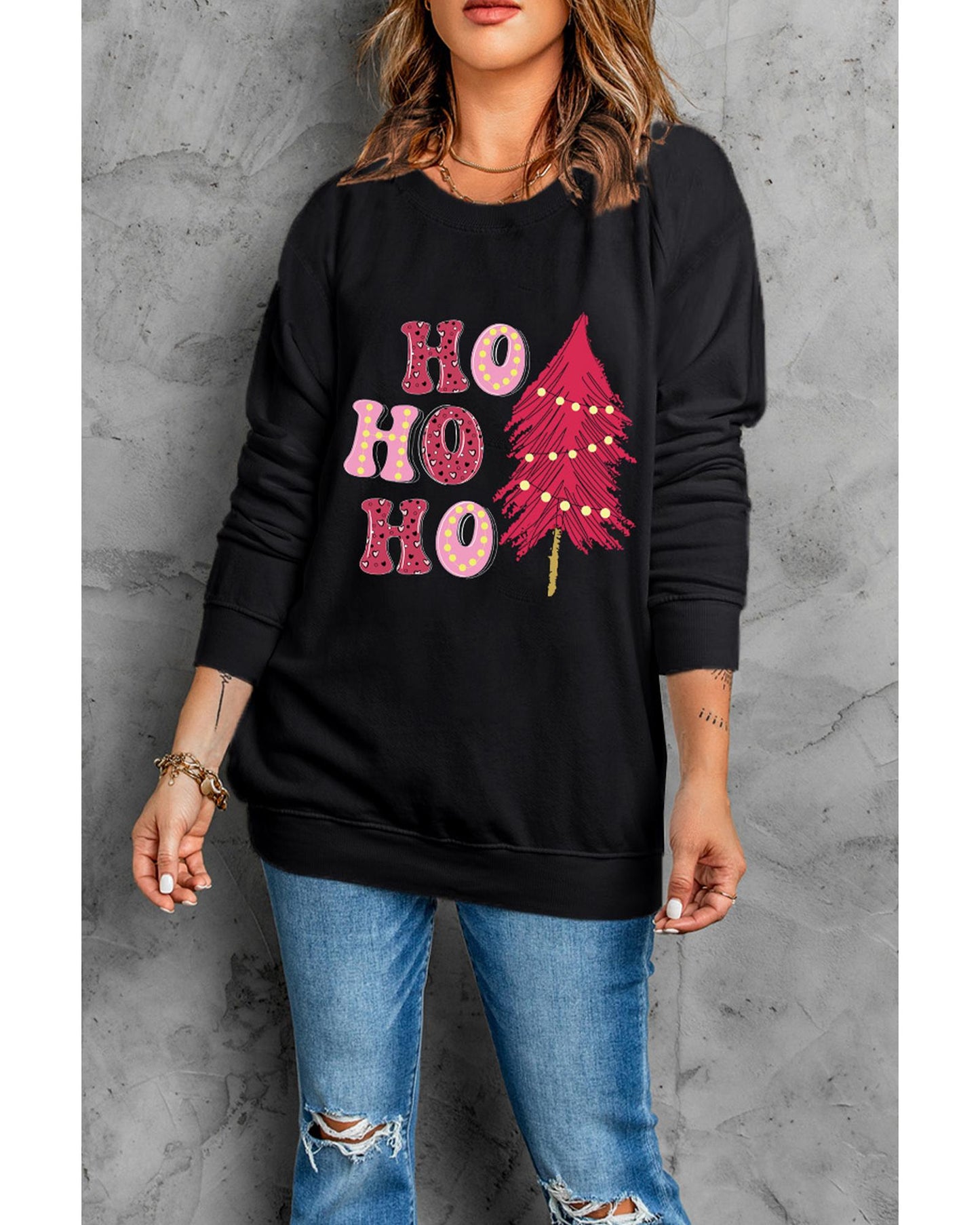 Black HO HO HO Christmas Tree Graphic Pullover Sweatshirt - XL