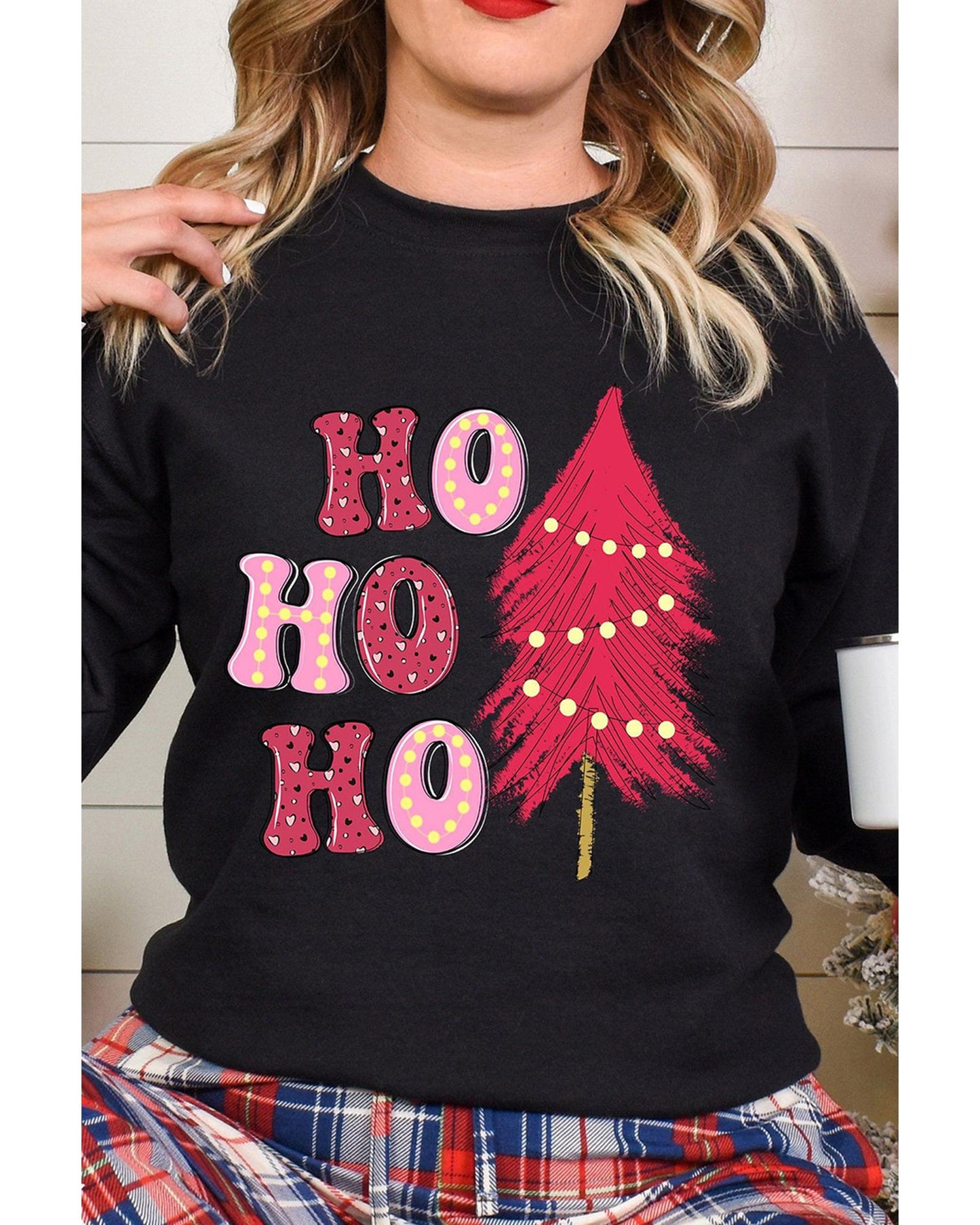 Black HO HO HO Christmas Tree Graphic Pullover Sweatshirt - XL