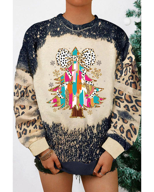 Black Christmas Tree Graphic Bleached Leopard Tie Dye Sweatshirt - S