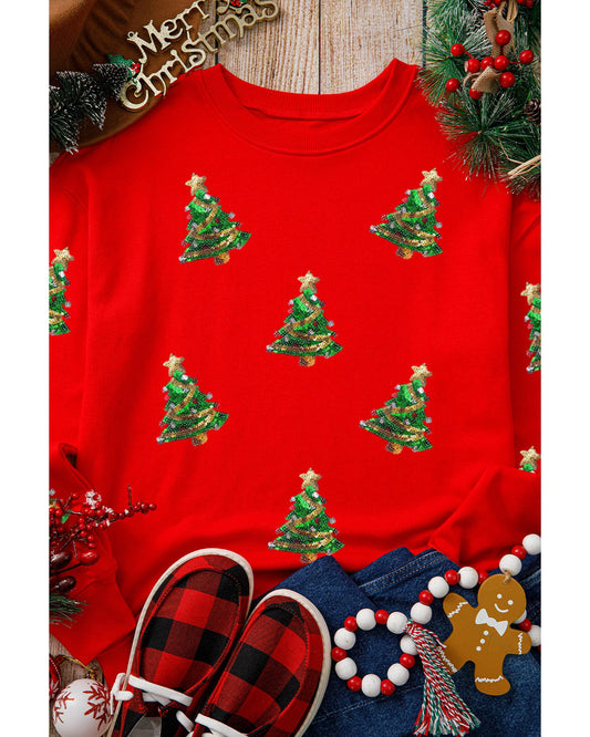 Red Sequin Christmas Tree Graphic Drop Shoulder Sweatshirt - S
