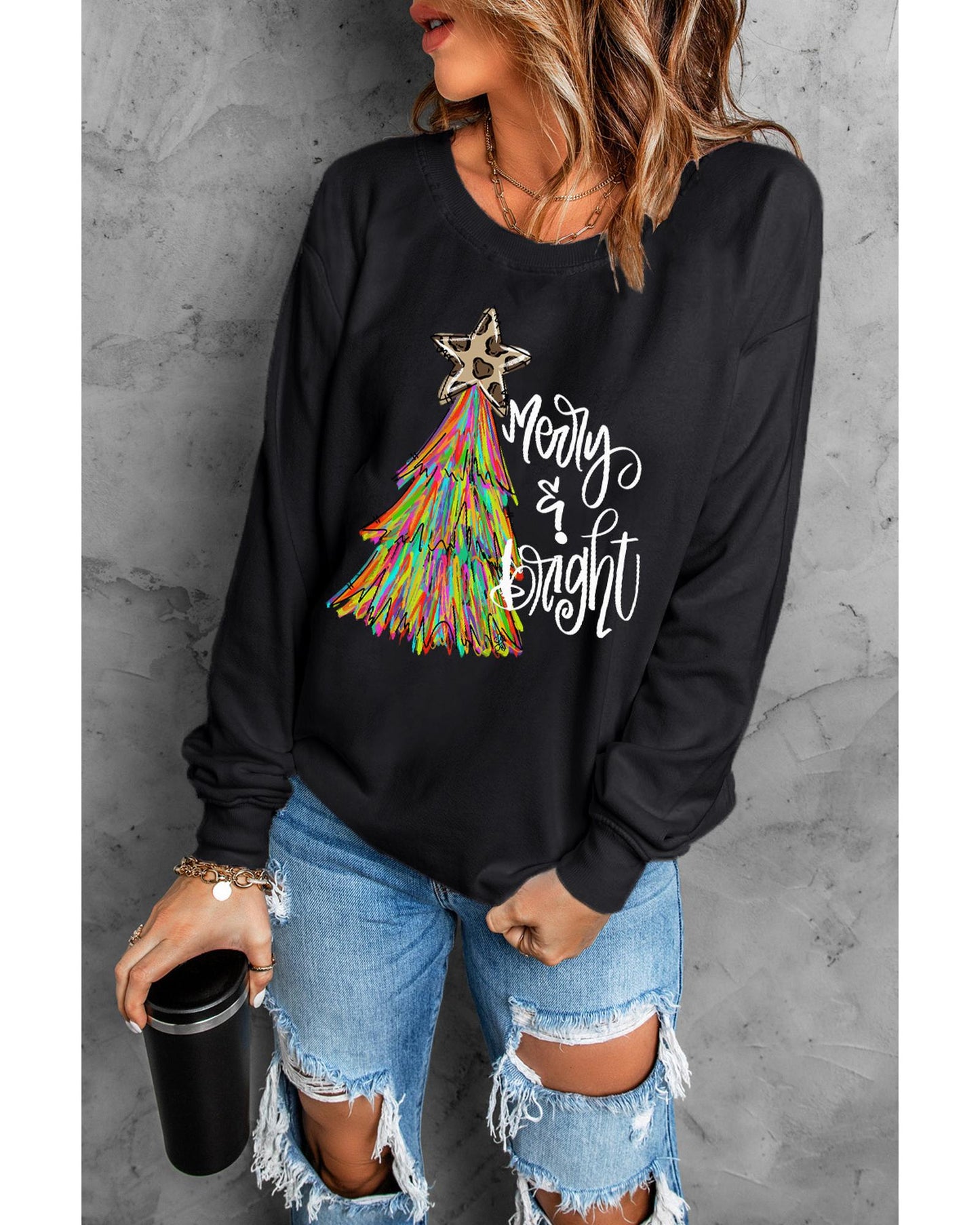 Black Merry & Bright Christmas Tree Graphic Sweatshirt - L