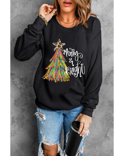 Black Merry & Bright Christmas Tree Graphic Sweatshirt - L