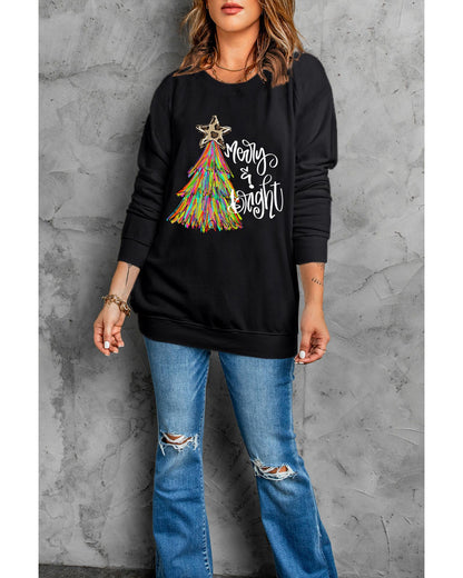 Black Merry & Bright Christmas Tree Graphic Sweatshirt - S