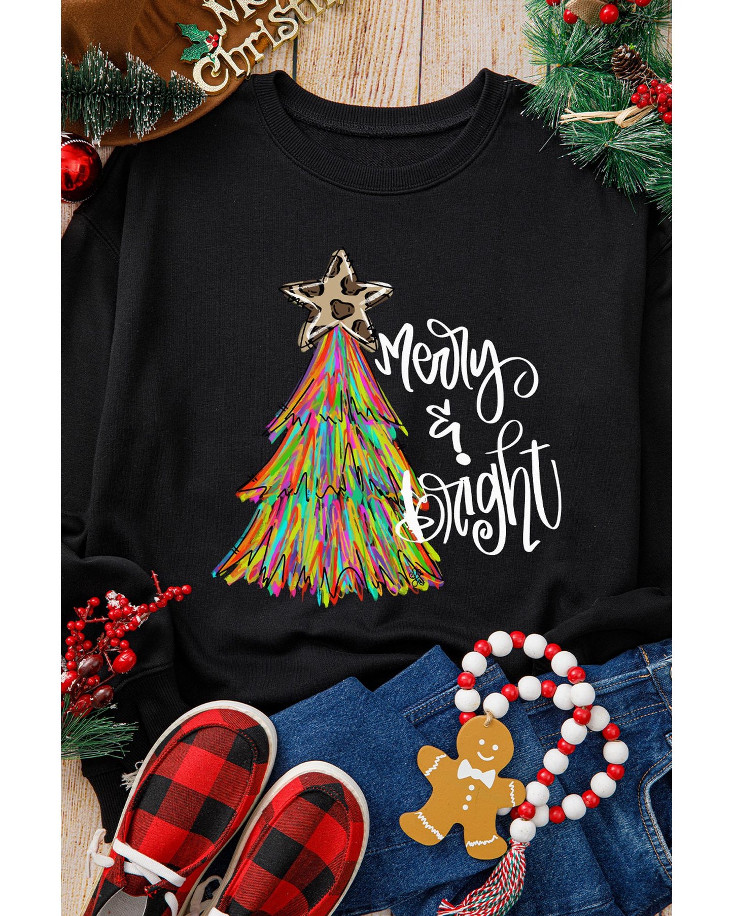 Black Merry & Bright Christmas Tree Graphic Sweatshirt - XL