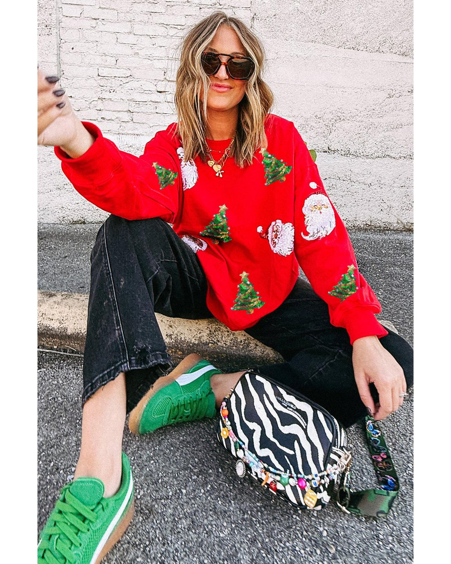 Red Santa Claus Christmas Tree Patched Pattern Drop Shoulder Sweatshirt - 2XL