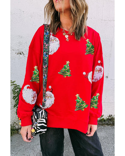 Red Santa Claus Christmas Tree Patched Pattern Drop Shoulder Sweatshirt - L