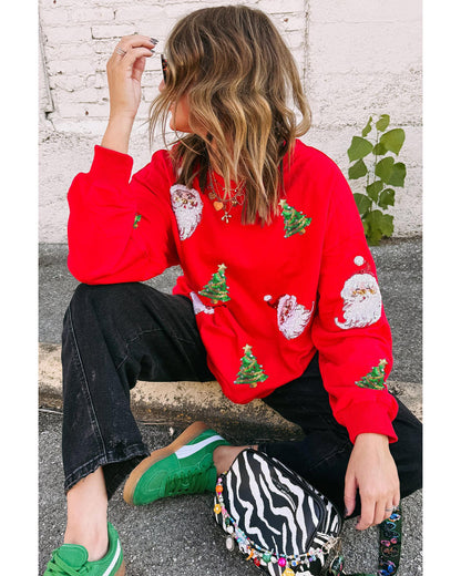 Red Santa Claus Christmas Tree Patched Pattern Drop Shoulder Sweatshirt - L