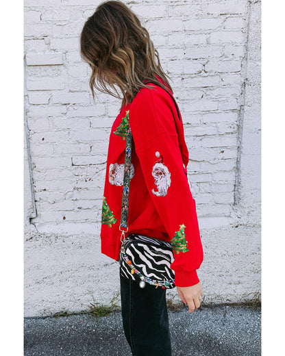 Red Santa Claus Christmas Tree Patched Pattern Drop Shoulder Sweatshirt - S