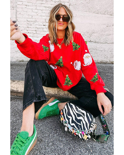 Red Santa Claus Christmas Tree Patched Pattern Drop Shoulder Sweatshirt - XL