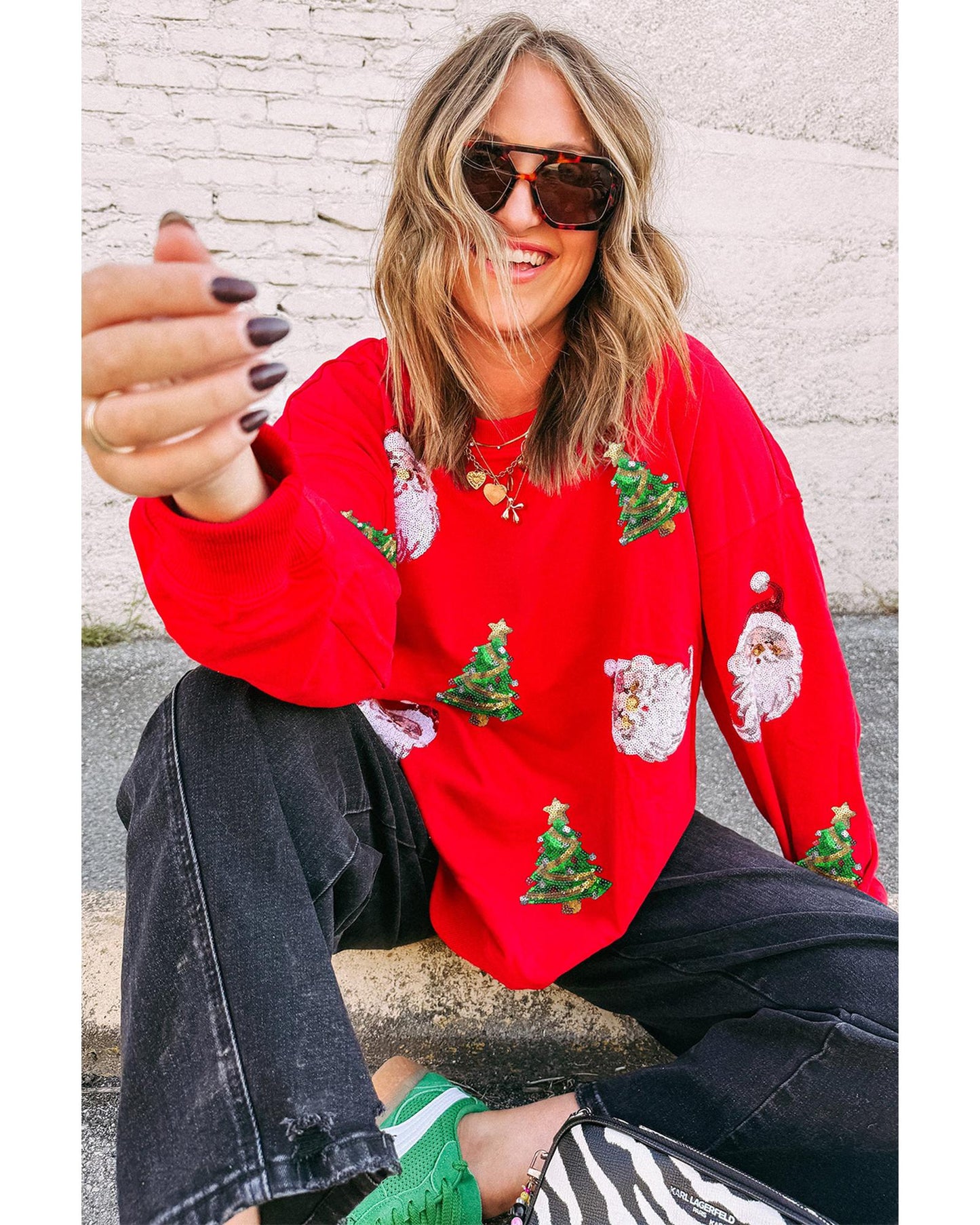 Red Santa Claus Christmas Tree Patched Pattern Drop Shoulder Sweatshirt - XL