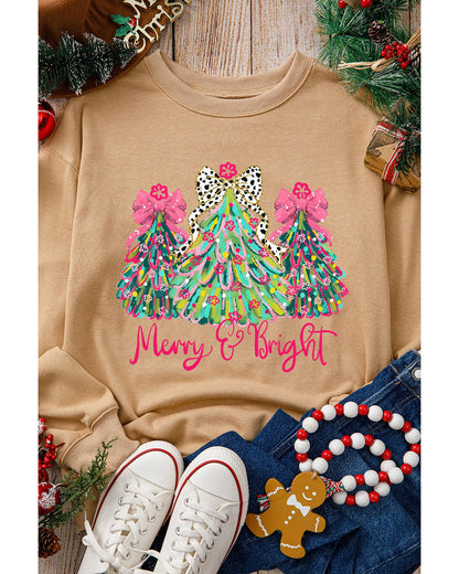 Khaki Merry & Bright Christmas Tree Print Pullover Sweatshirt - 2XL